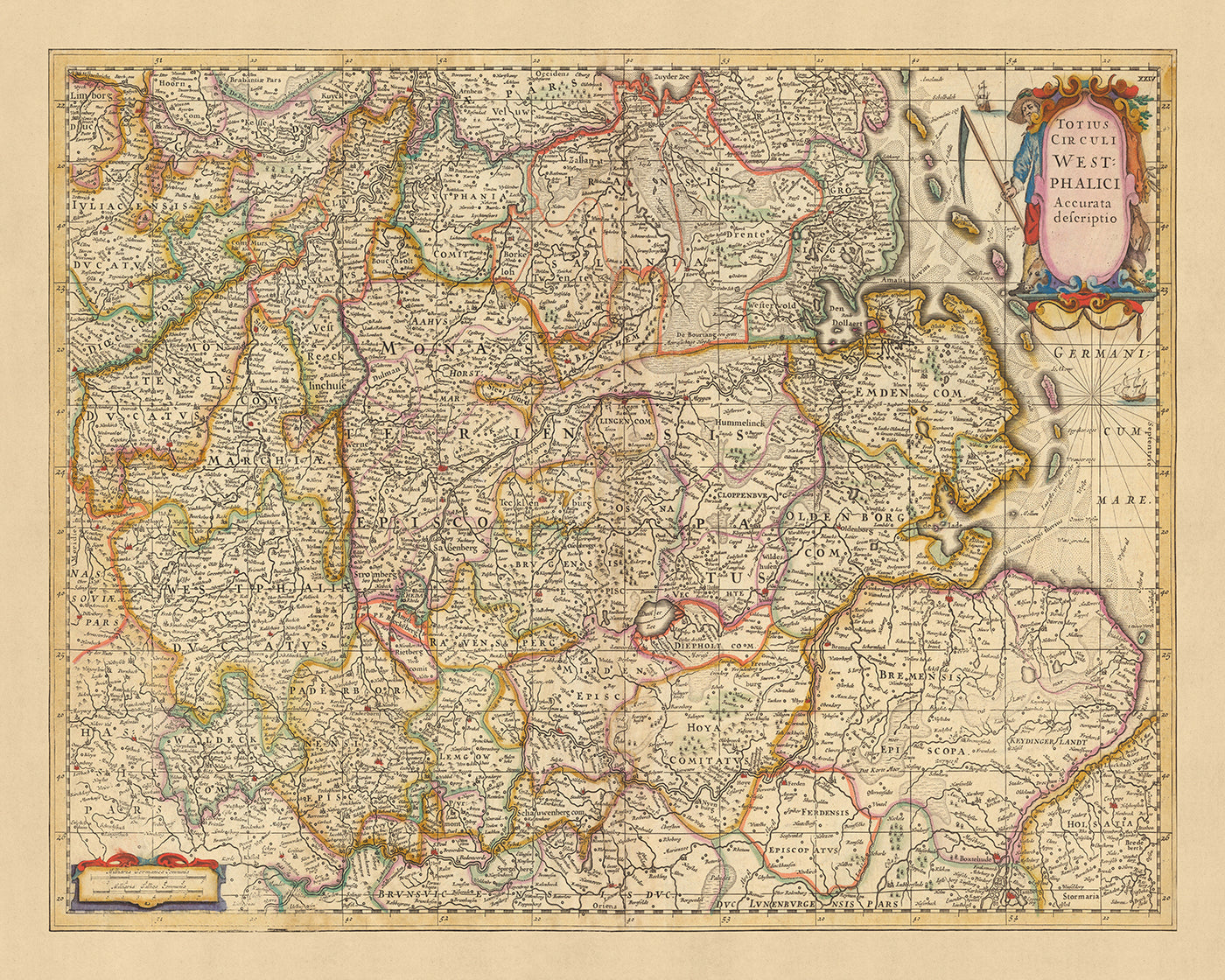 Mapa antiguo de Westfalia de Visscher, 1690: Hamburgo, Bremen, Hannover, Colonia, Dortmund