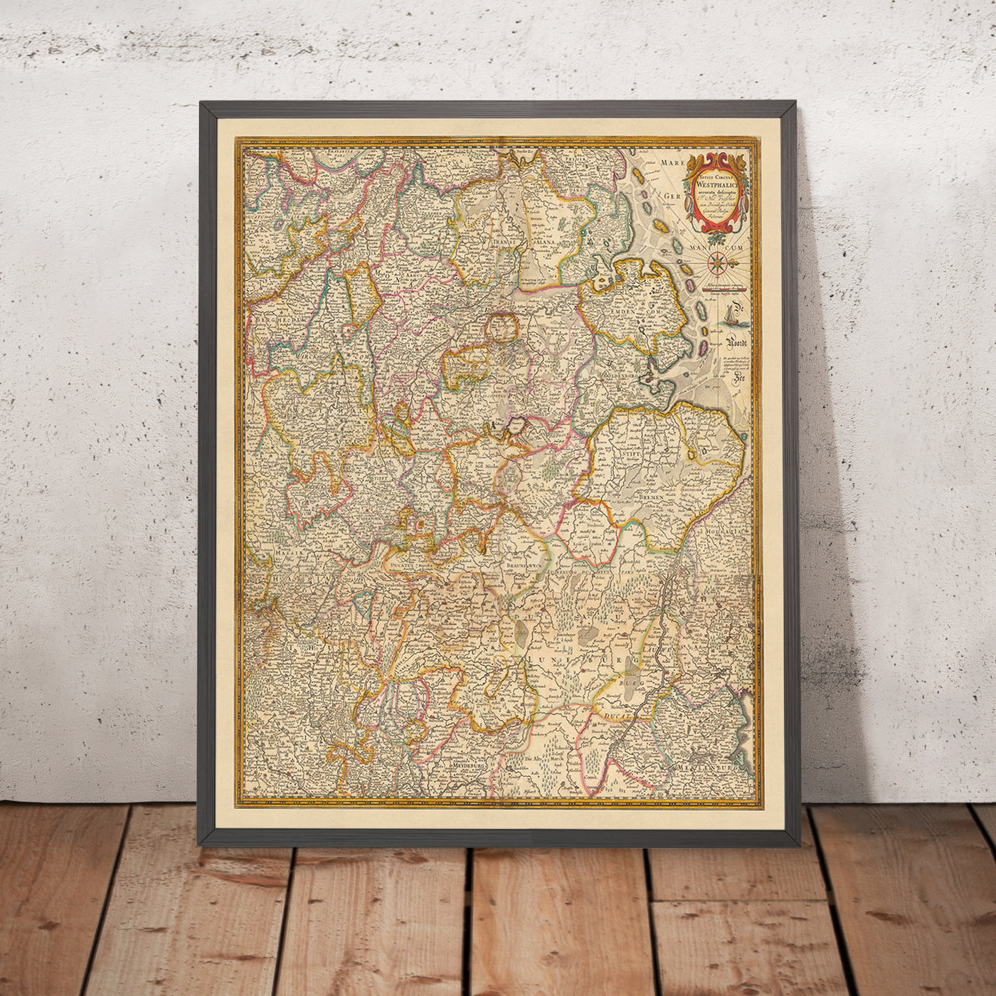 Mapa antiguo de Westfalia de Visscher, 1690: Hamburgo, Bremen, Hannover, Colonia, Dortmund