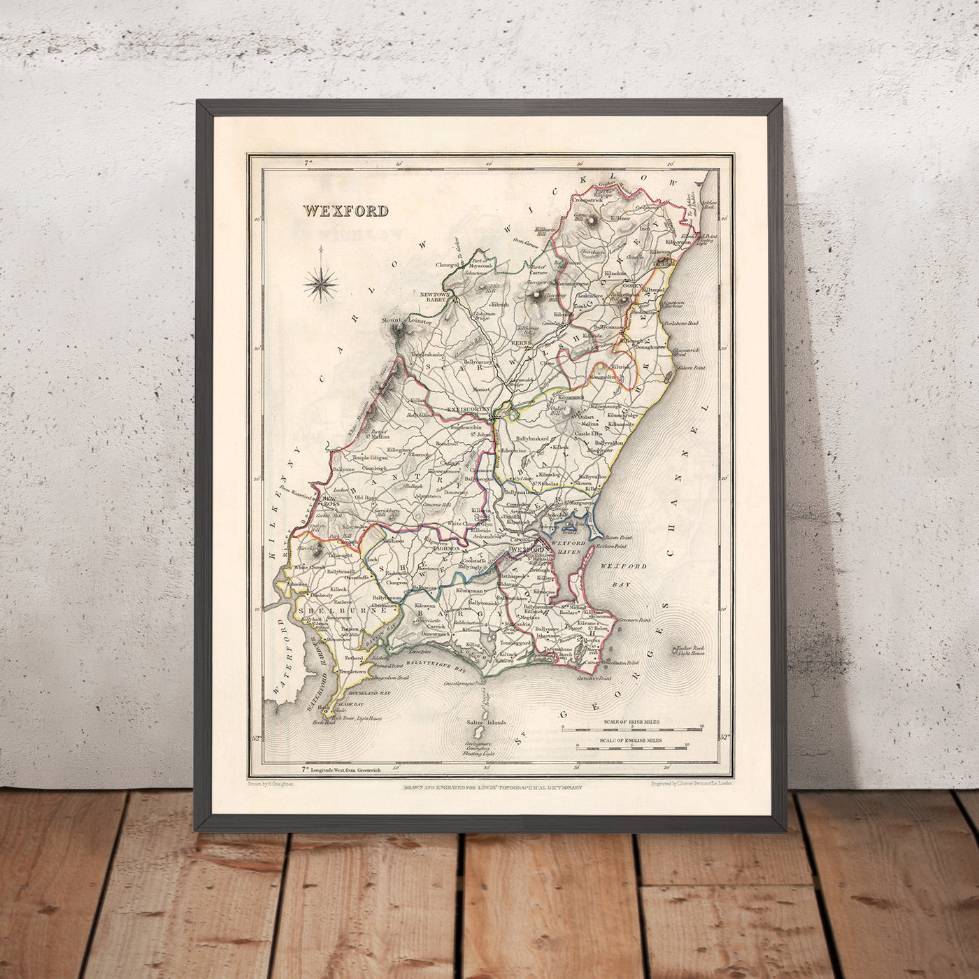 Mapa antiguo del condado de Wexford por Samuel Lewis, 1844: Enniscorthy, New Ross, Gorey, helechos y características históricas