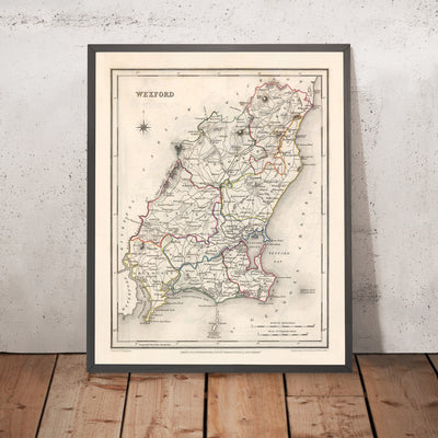 Mapa antiguo del condado de Wexford por Samuel Lewis, 1844: Enniscorthy, New Ross, Gorey, helechos y características históricas