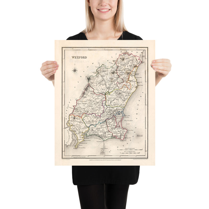 Mapa antiguo del condado de Wexford por Samuel Lewis, 1844: Enniscorthy, New Ross, Gorey, helechos y características históricas