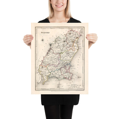 Mapa antiguo del condado de Wexford por Samuel Lewis, 1844: Enniscorthy, New Ross, Gorey, helechos y características históricas