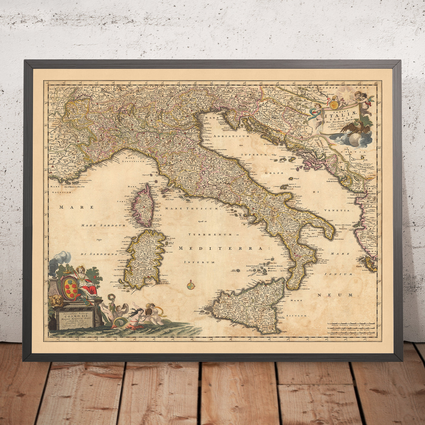 Old Map of Italy by Visscher, 1690: Rome, Milan, Palermo, Florence, Monaco