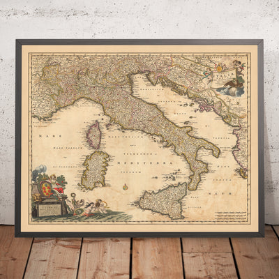 Old Map of Italy by Visscher, 1690: Rome, Milan, Palermo, Florence, Monaco