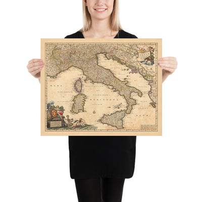 Old Map of Italy by Visscher, 1690: Rome, Milan, Palermo, Florence, Monaco