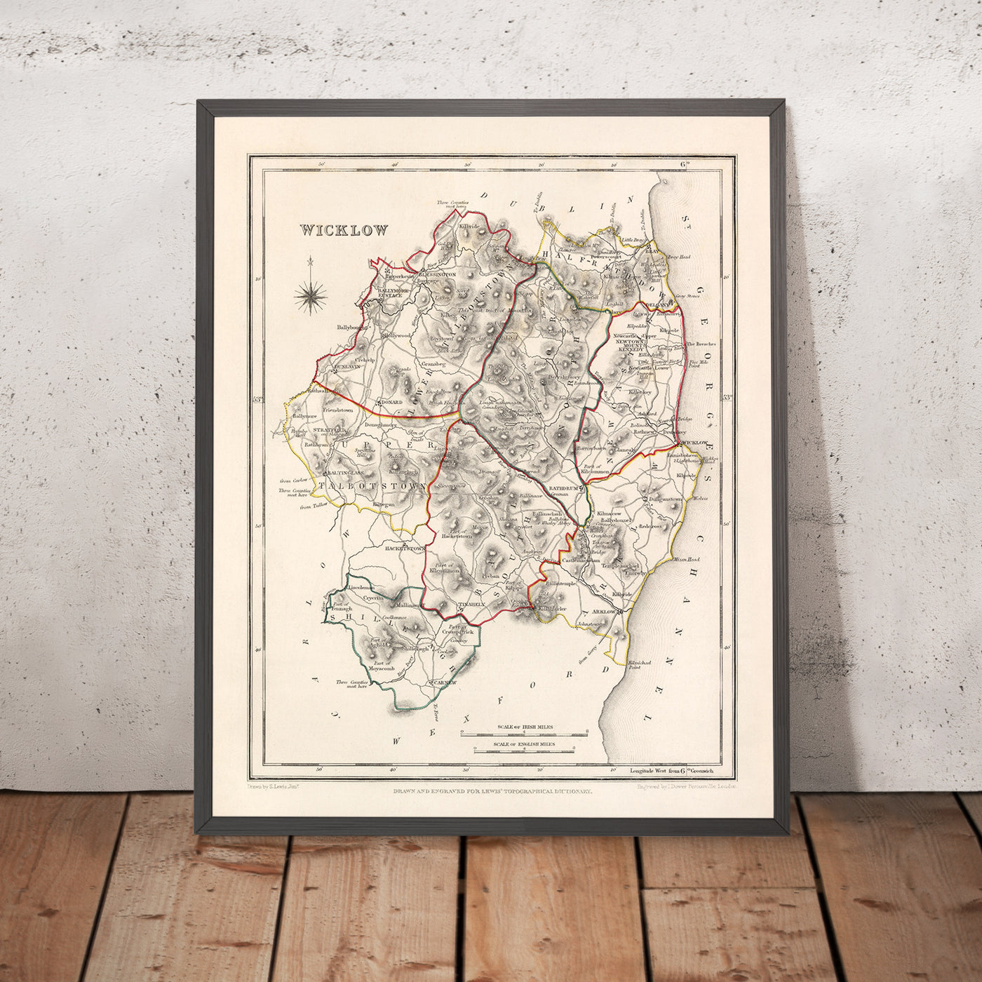 Old Map of County Wicklow by Samuel Lewis, 1844: Bray, Arklow, Baltinglass, Blessington, Glendalough