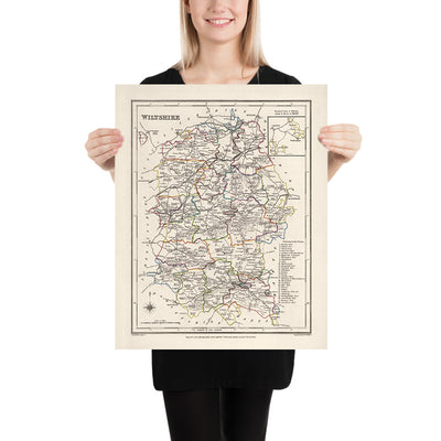 Mapa antiguo de Wiltshire por Samuel Lewis, 1844: Salisbury, Devizes, Marlborough, Chippenham, Stonehenge