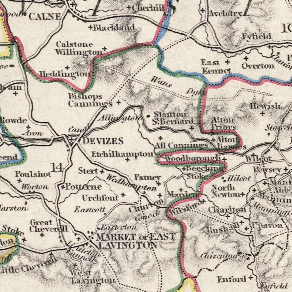 Mapa antiguo de Wiltshire por Samuel Lewis, 1844: Salisbury, Devizes, Marlborough, Chippenham, Stonehenge