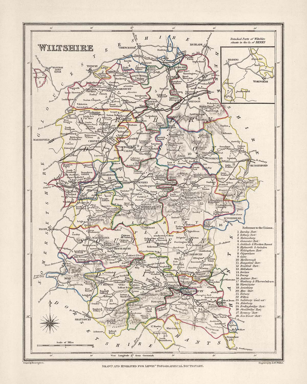 Mapa antiguo de Wiltshire por Samuel Lewis, 1844: Salisbury, Devizes, Marlborough, Chippenham, Stonehenge