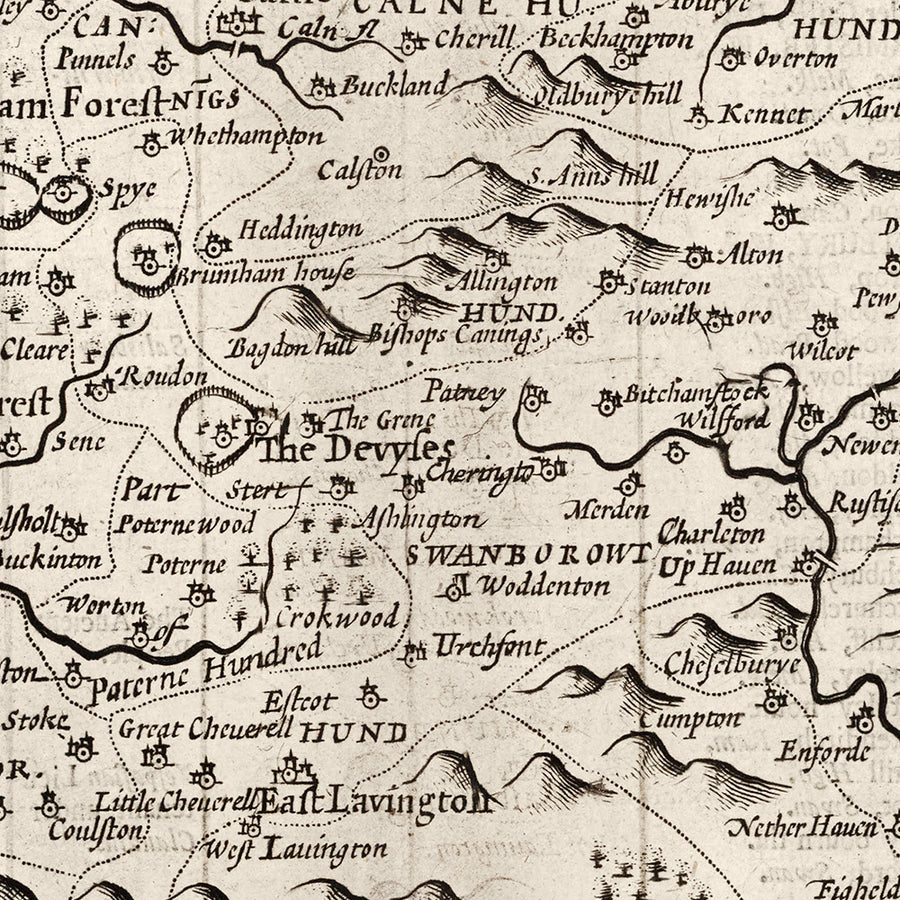 Ancienne carte de Wiltshire en 1611 par John Speed ​​- Salisbury, Stonehenge, Swindon, Trowbridge