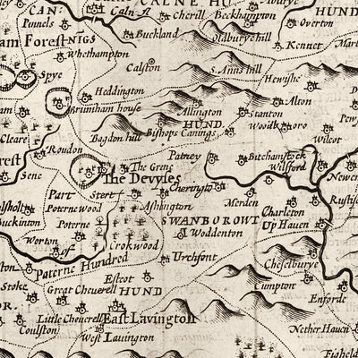 Mapa antiguo de Wiltshire en 1611 por John Speed ​​- Salisbury, Stonehenge, Swindon, Trowbridge