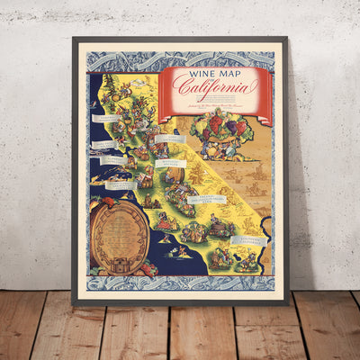 Ancienne carte des régions viticoles de Californie, 1935 : vinification, vignobles, Sonoma, Napa Valley, vignettes 