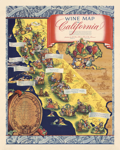 Ancienne carte des régions viticoles de Californie, 1935 : vinification, vignobles, Sonoma, Napa Valley, vignettes 