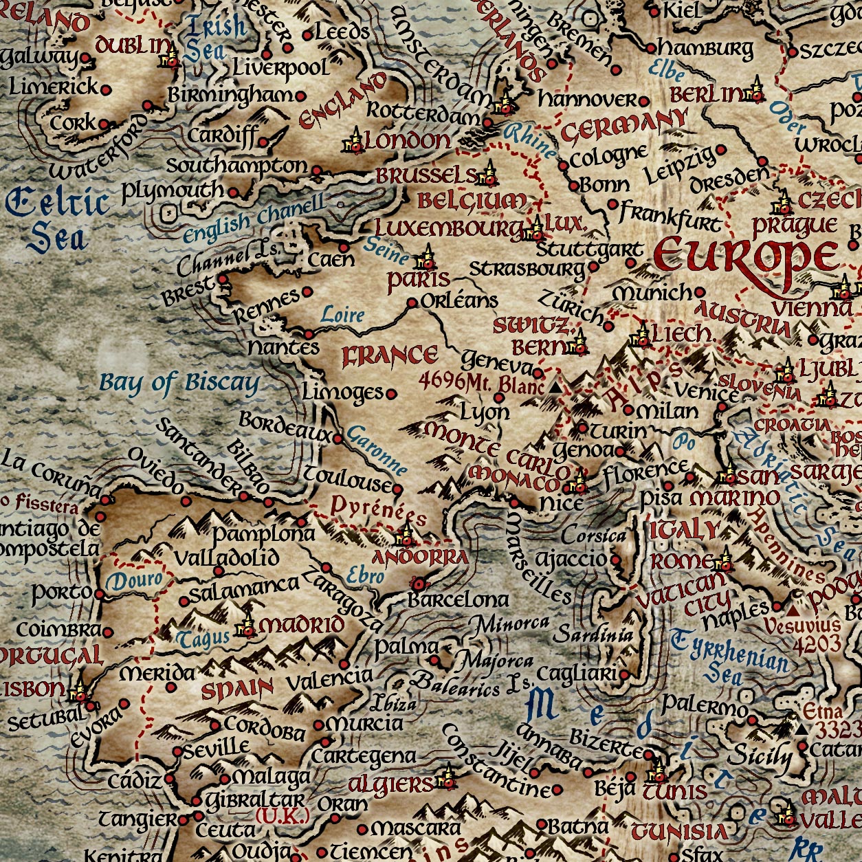 Alter Herr der Ringe-Weltkarte von Ray&Co, 2022: Große Fantasy-Mittelerde-Karte, moderne Länder und Städte 