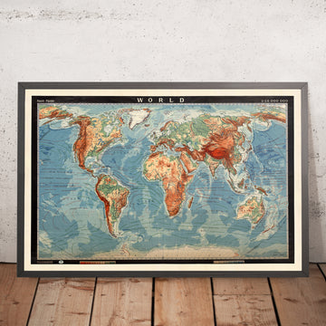 Ancienne carte du monde physique par G Pohlmann, 1950 : tableau des salles de conférence éducatives