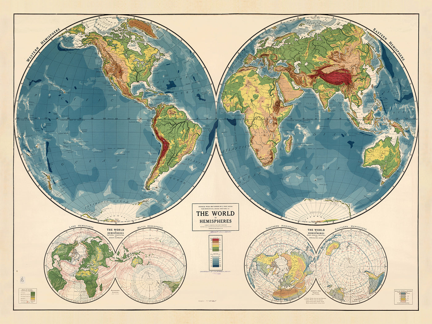 Alte Schule Atlas Weltkarte Rand McNally, 1917: Physische Weltkarte 