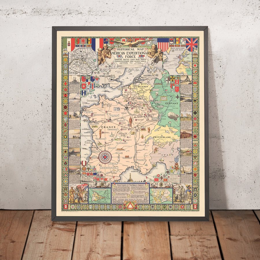 Old Map of the World War 1 Western Front, 1932: AEF, Hindenburg Line, Paris, Meuse-Argonne, Saint-Mihiel