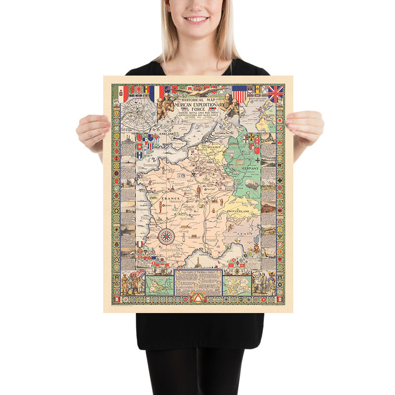 Old Map of the World War 1 Western Front, 1932: AEF, Hindenburg Line, Paris, Meuse-Argonne, Saint-Mihiel