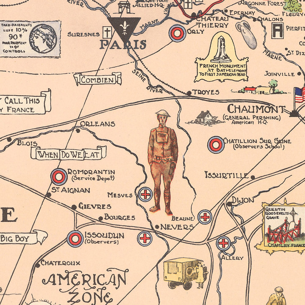 Ancienne carte de la Première Guerre mondiale Front occidental, 1932 : AEF, Ligne Hindenburg, Paris, Meuse-Argonne, Saint-Mihiel 