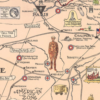 Ancienne carte de la Première Guerre mondiale Front occidental, 1932 : AEF, Ligne Hindenburg, Paris, Meuse-Argonne, Saint-Mihiel 