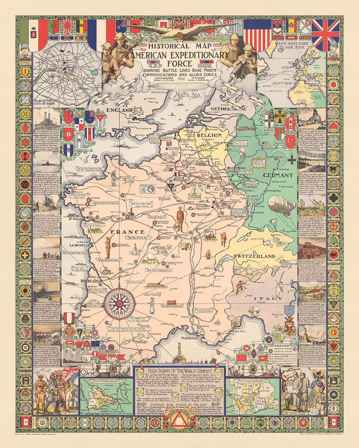 Ancienne carte de la Première Guerre mondiale Front occidental, 1932 : AEF, Ligne Hindenburg, Paris, Meuse-Argonne, Saint-Mihiel 