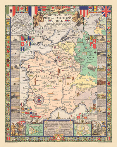 Ancienne carte de la Première Guerre mondiale Front occidental, 1932 : AEF, Ligne Hindenburg, Paris, Meuse-Argonne, Saint-Mihiel 
