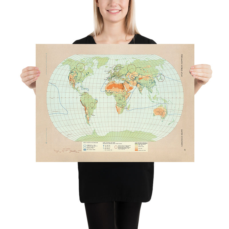 Old Infographic Map of World Water Economics, 1967: Water Utilization, Agriculture, Hydroelectric Power