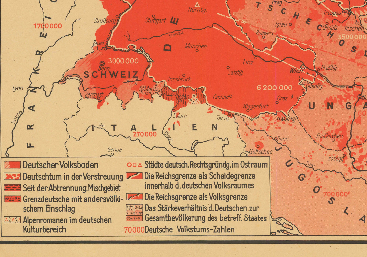 Mapa de propaganda de la Segunda Guerra Mundial, 1938 - "87 545 000 alemanes en Europa" - Expansionismo alemán por Hillen-Ziegfeld 
