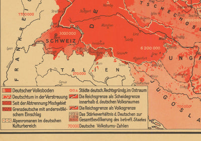 Mapa de propaganda de la Segunda Guerra Mundial, 1938 - "87 545 000 alemanes en Europa" - Expansionismo alemán por Hillen-Ziegfeld 