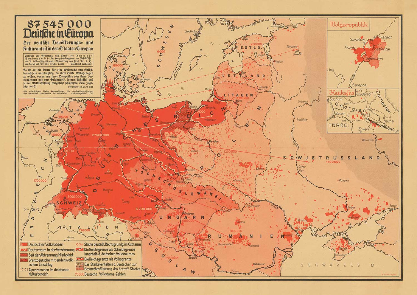 Mapa de propaganda de la Segunda Guerra Mundial, 1938 - "87 545 000 alemanes en Europa" - Expansionismo alemán por Hillen-Ziegfeld 