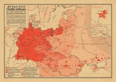 Mapa de propaganda de la Segunda Guerra Mundial, 1938 - "87 545 000 alemanes en Europa" - Expansionismo alemán por Hillen-Ziegfeld 
