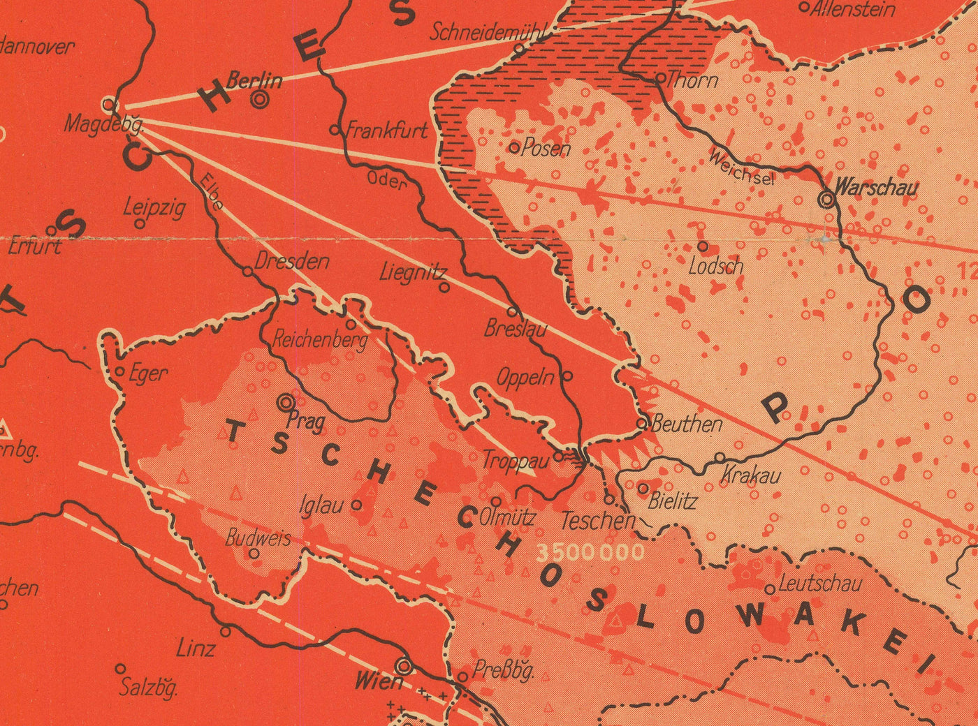 Mapa de propaganda de la Segunda Guerra Mundial, 1938 - "87 545 000 alemanes en Europa" - Expansionismo alemán por Hillen-Ziegfeld 