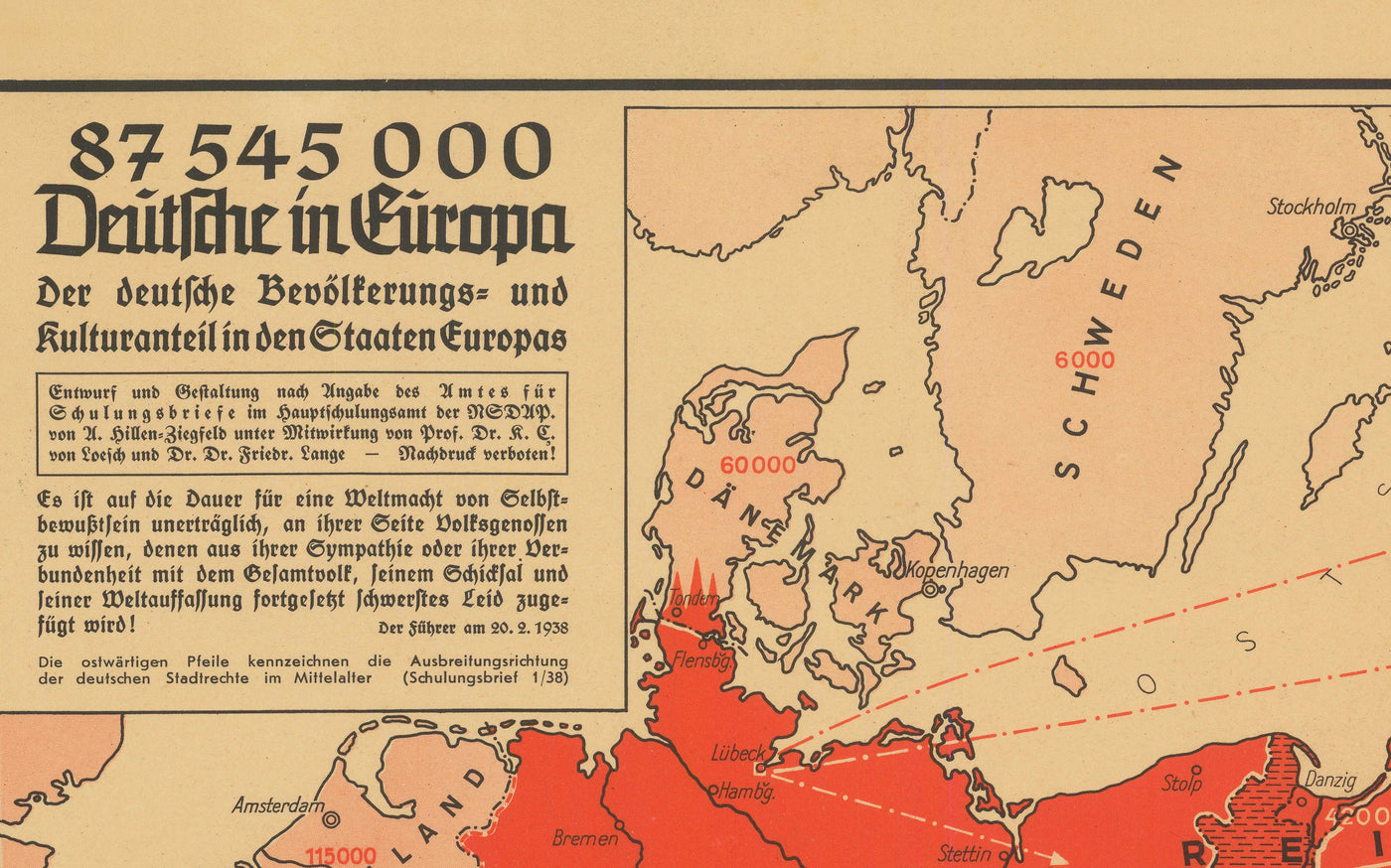 Mapa de propaganda de la Segunda Guerra Mundial, 1938 - "87 545 000 alemanes en Europa" - Expansionismo alemán por Hillen-Ziegfeld 