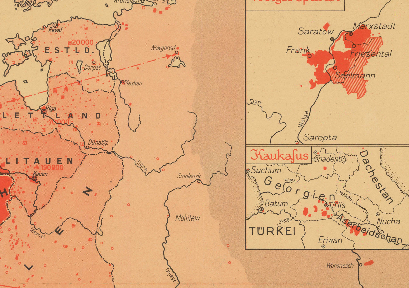 Mapa de propaganda de la Segunda Guerra Mundial, 1938 - "87 545 000 alemanes en Europa" - Expansionismo alemán por Hillen-Ziegfeld 