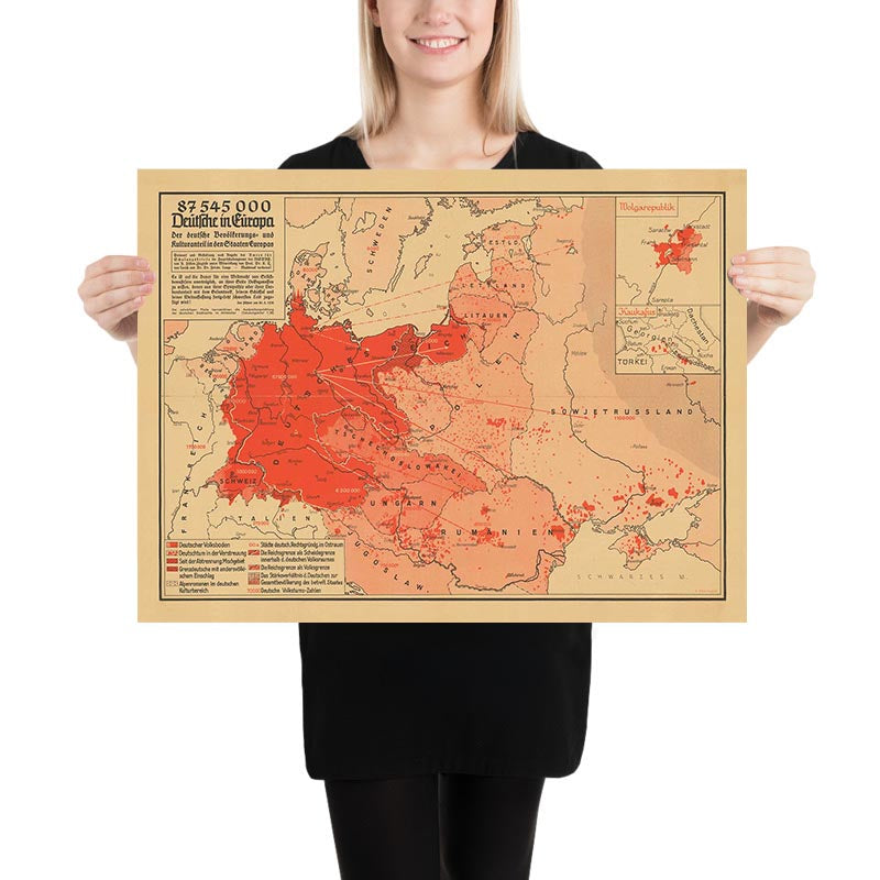 Mapa de propaganda de la Segunda Guerra Mundial, 1938 - "87 545 000 alemanes en Europa" - Expansionismo alemán por Hillen-Ziegfeld 