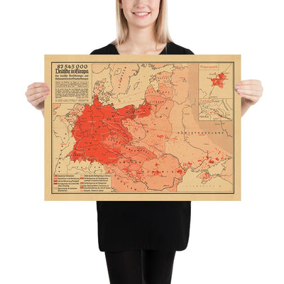 Mapa de propaganda de la Segunda Guerra Mundial, 1938 - "87 545 000 alemanes en Europa" - Expansionismo alemán por Hillen-Ziegfeld 