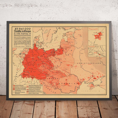 Mapa de propaganda de la Segunda Guerra Mundial, 1938 - "87 545 000 alemanes en Europa" - Expansionismo alemán por Hillen-Ziegfeld 