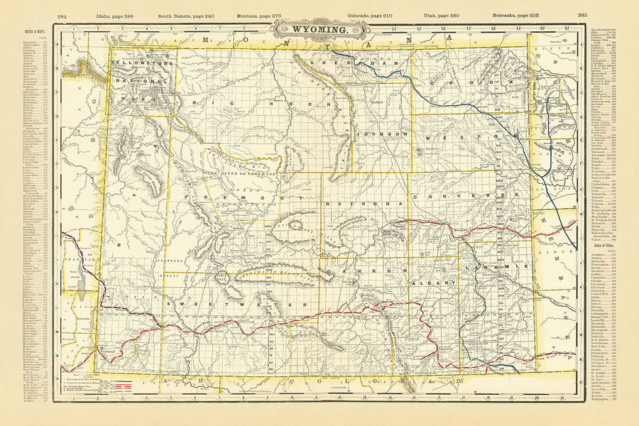 Alte Karte von Wyoming von Cram, 1891: Yellowstone, Grand Teton, Wind River Range 