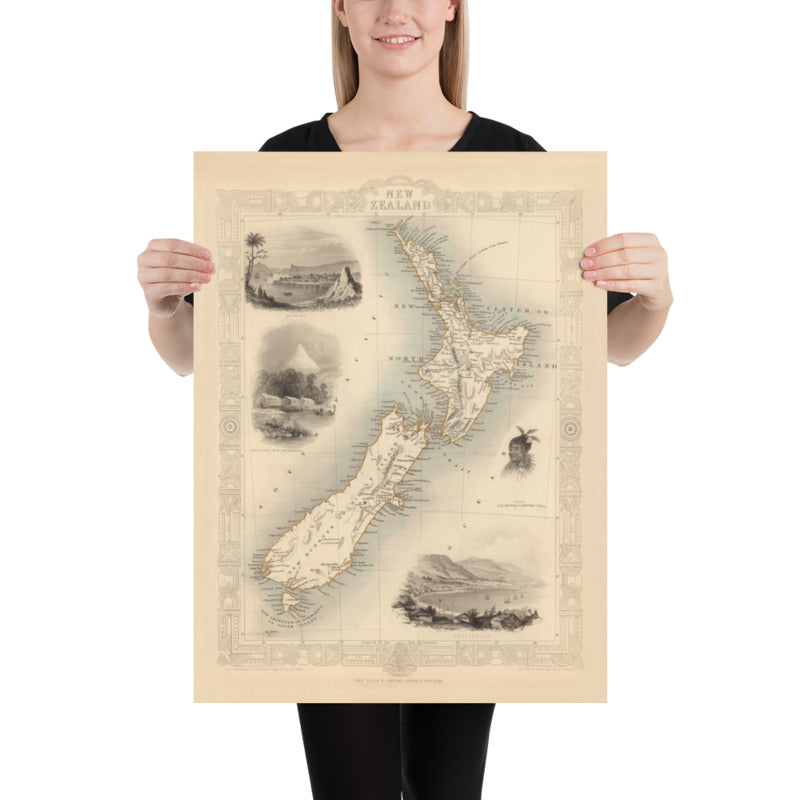 Ancienne carte de la Nouvelle-Zélande en 1851 par Tallis et Rapkin - Auckland, Tauranga, Christchurch, Wellington, New Plymouth