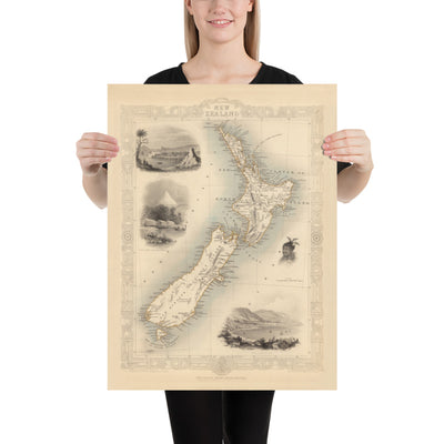 Ancienne carte de la Nouvelle-Zélande en 1851 par Tallis et Rapkin - Auckland, Tauranga, Christchurch, Wellington, New Plymouth