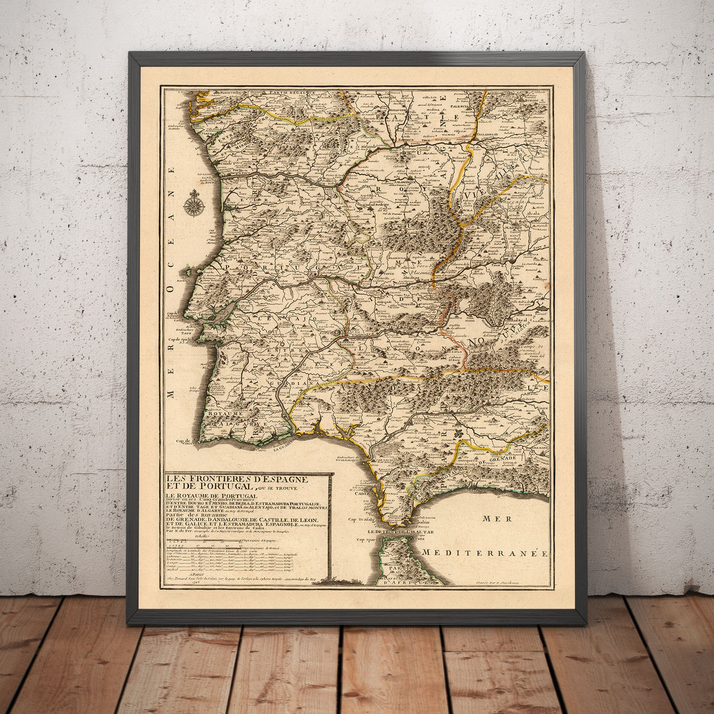 Antiguo mapa del Algarve y Gibraltar en 1742 por Nicolas de Fer - Cádiz, Málaga, Sevilla, Marbella, Lisboa, Portugal, España