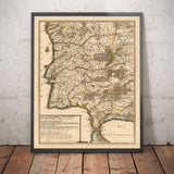Ancienne carte de l'Algarve et de Gibraltar en 1742 par Nicolas de Fer - Cadix, Malaga, Séville, Marbella, Lisbonne, Portugal, Espagne