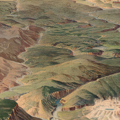 Antigua Mapa Birdseye del Parque Nacional Yellowstone por Wellge, 1904: Línea del Parque del Pacífico Norte, Ríos, Lagos, Mt Sheridan 