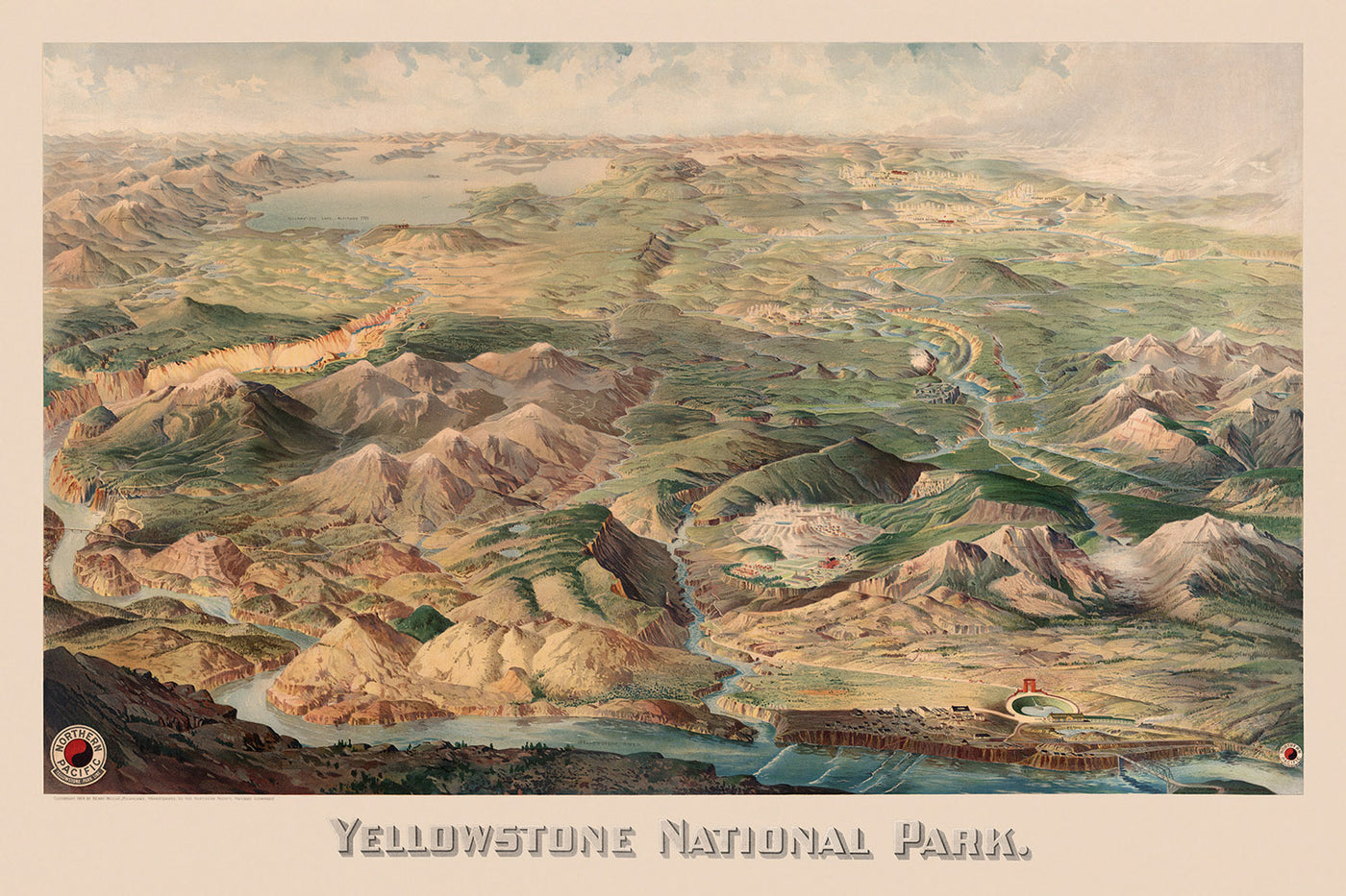 Antigua Mapa Birdseye del Parque Nacional Yellowstone por Wellge, 1904: Línea del Parque del Pacífico Norte, Ríos, Lagos, Mt Sheridan 