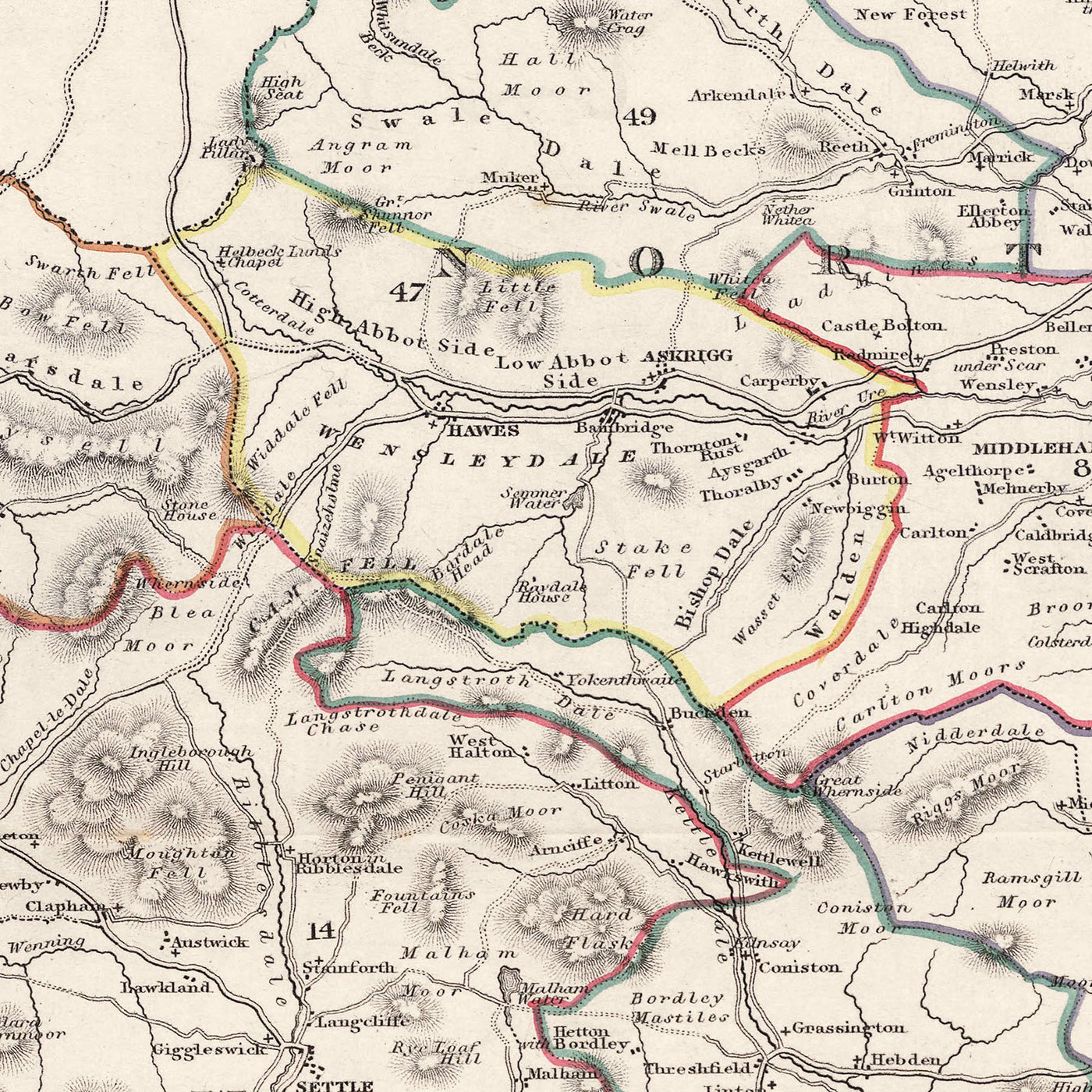 Old Map of Yorkshire by Samuel Lewis, 1844: Leeds, Sheffield, Bradford, Kingston upon Hull, and York