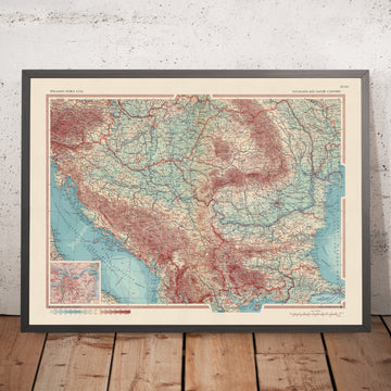 Mapa antiguo de Yugoslavia y países del Danubio, 1967: Mapa político y físico detallado, inserto de Belgrado 