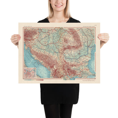 Mapa antiguo de Yugoslavia y países del Danubio, 1967: Mapa político y físico detallado, inserto de Belgrado 
