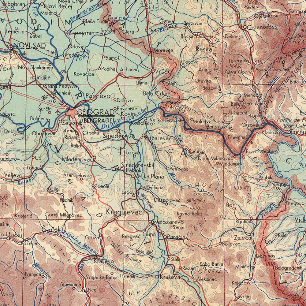 Mapa antiguo de Yugoslavia y países del Danubio, 1967: Mapa político y físico detallado, inserto de Belgrado 