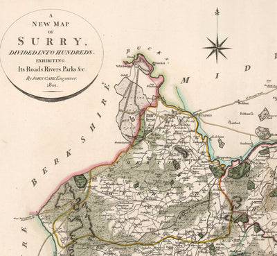 Alte Karte von Surrey im Jahr 1801 von John Cary - Guildford, Haslemere, Streatham, Reigate, Dorking 