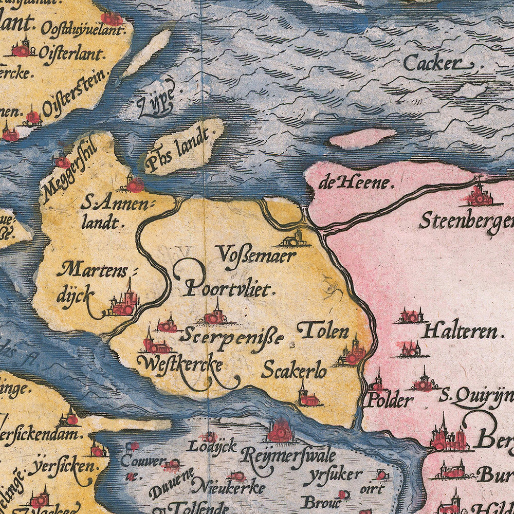 Mapa antiguo de Zelanda por Ortelius, 1584: Rotterdam, Amberes, Delft, Tritón, veleros